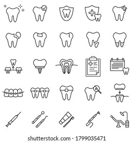 Dental medicine line icons set. Outline dentistry signs such as tooth, teeth treatment, mouth hygiene, oral health care