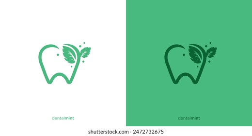 Diseño de Logo de Menta. Hoja verde dental fresca con estilo minimalista. Logotipo de cuidado dental, ícono, símbolo, Vector, Plantilla de diseño.