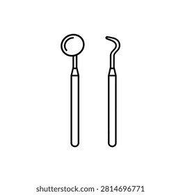 Dental mirror and curved explorer probe represent professional oral examination, tooth inspection and dentist diagnostic instruments