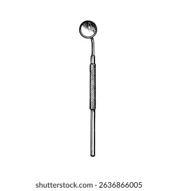 Dental mirror tool, illustrated in a hand-drawn vector line style. Professional dental hygiene, oral care, stomatology. Simple outline doodle clipart