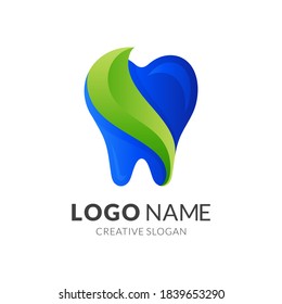 naturaleza dental, odontología y hoja, logotipo combinado con estilo de color azul y verde 3d