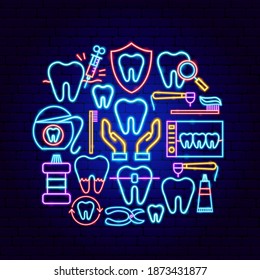 Dental Neon Concept. Vector Illustration of Stomatology Promotion.