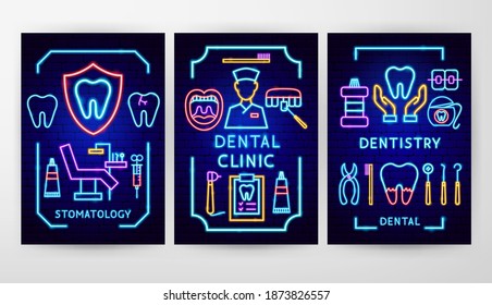 Dental Neon Flyer Concepts. Vector Illustration of Stomatology Promotion.