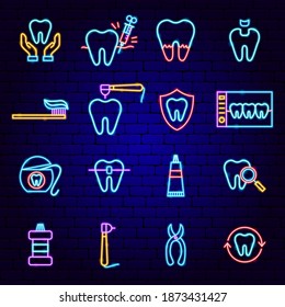 Dental Neon Icons. Vector Illustration of Stomatology Promotion.