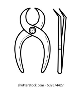 Dental nippers and tweezers icon, professional instrument, poster for medical cabinet, treatment and care image, stomatology pictogram, health concept. Vector illustration