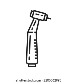 Icono de contorno de la herramienta odontológica aislada de perforación de boquilla dental. Perforación vectorial y muela, mano, instrumento mecánico que elimina la caries, pulido de relleno, alteración de prótesis