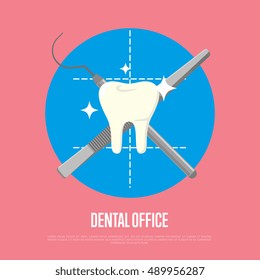 Dental office banner with crosswise instruments on color background. Dentistry isolated vector illustration. Medical professional equipment. Healthcare and tooth care. Dental hygiene