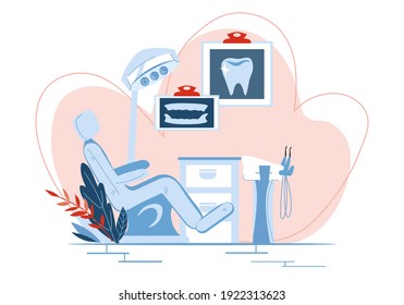 Dental office chair and medical equipment, cartoon vector illustration isolated on white background. Decorative banner for dentistry and stomatology.