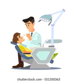 Dental Office. Children's Dentist And Patient. Vector Illustration Of A Flat Design