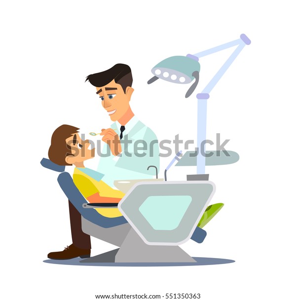 Dental office. Children\'s dentist and\
patient. Vector illustration of a flat\
design