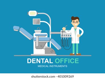 Dental office. Clinic with modern medical instrument for teeth treatment and oral hygiene procedure conduction. Medical dental office presentation vector banner with stomatologist illustration
