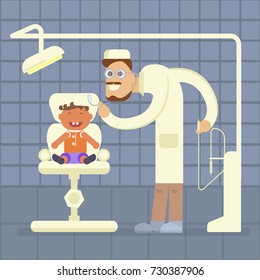 Dental office concept. Dentist and child patient in chair. Vector illustration of a flat design eps 10