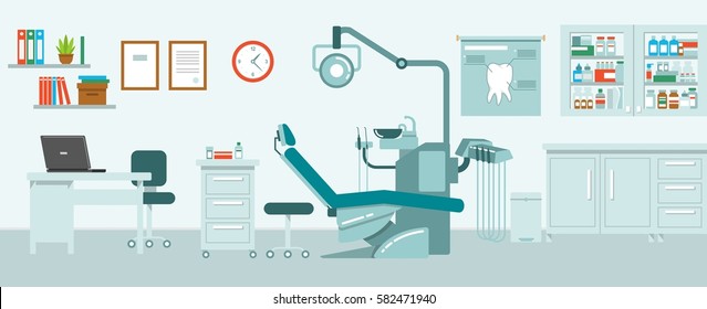 Dental office concept in flat style. Hospital interior with dentist workplace - chair, equipment, instruments