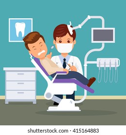 Dental office. Dentist and patient in the dental chair. Treatment and care of the oral cavity. Male in the dentist's chair with a toothache.