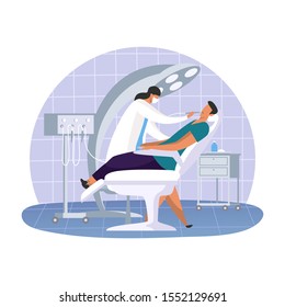 Dental office with dentist woman and patient. Cartoon simple doctor at oral clinic with stomatology tool. Teeth or tooth care hospital. Medical and toothache, healthcare and profession theme