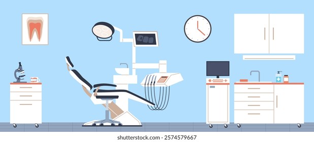 Dental office with equipment. Stomatology instruments, chair and shelves. Clinic office. Dentist workplace. Orthodontic room. Cartoon flat isolated horizontal vector medicine concept