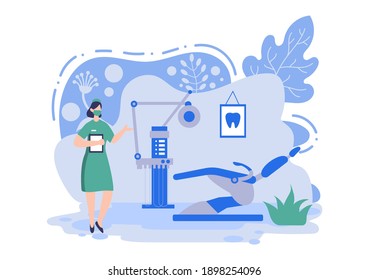 Dental Office Flat Color Illustration. Hospital interior with Workplace, Equipment, Instruments, Consultation, Treatment and Diagnosis 
