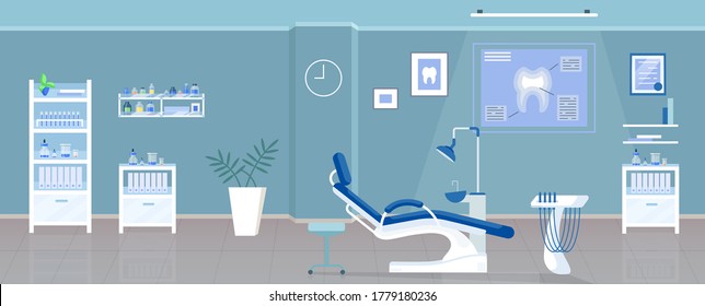 Dental office flat color vector illustration. Stomatological clinic, odontology room 2D cartoon interior design with orthodontic appliances on background. Stomatologist workplace with dental chair