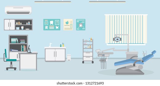 Dental Office Interior, empty dentist hospital or clinic room,furniture and medical equipment,flat vector illustration.