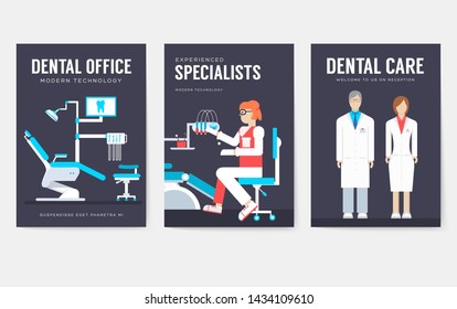 Dental office interior information cards set. Hygiene template of flyear, magazines, posters, book cover, banners. Clinic infographic concept background. Layout dentistry illustrations modern