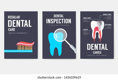 Dental office interior information cards set. Hygiene template of flyear, magazines, posters, book cover, banners. Clinic infographic concept background. Layout dentistry illustrations modern