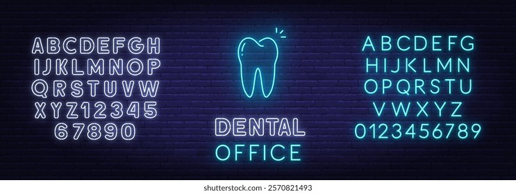 Dental Office Neon Sign on brick wall background. Light tooth icon.
