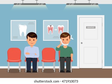 Dental Office. Patients Waiting For Reception To The Dentist. Boy With Swelling Of The Cheek And A Bandage. Man Waiting For The Annual Checkup At The Dentist. Treatment And Care Of Teeth.