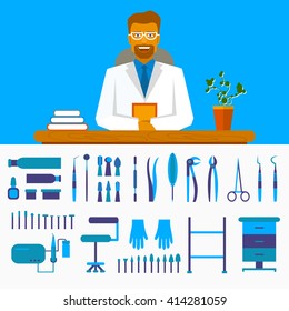 Dental office. Smiling dentist in costume at the table. Set of dentist tools and equipments