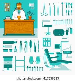 Dental office. Smiling dentist in costume at the table. Set of dentist tools and equipments