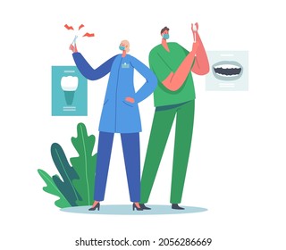 Dental Office Staff at Work. Stomatology, Dentistry Concept. Dentists with Equipment for Tooth Caries Treatment. Doctors with Anesthesia in Syringe and Forceps in Cabinet. Cartoon Vector Illustration