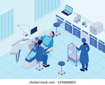 Dental office with two female dentists and male patient getting treatment 3d isometric vector illustration