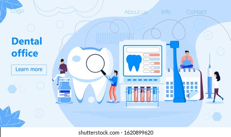 Dental office vector concept for landing page. Tiny dentists help toothache, treat pulpitis, caries, to whiten enamel or recovery implant. National Hygiene month, awareness week, day. 