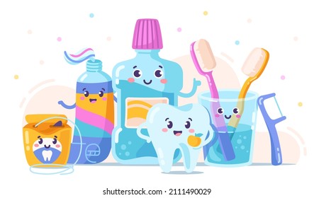 Dental and oral care abstract concept. Colorful poster with products for cleaning teeth. Toothbrush in glass, toothpaste, mouthwash and dental floss. Cartoon contemporary flat vector illustration