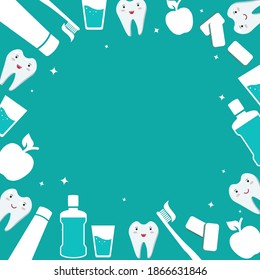 Enfoque dental y oral. Artículos de higiene diaria de la cavidad oral. Lavado de uñas y cepillo de dientes con pasta, Apple, goma de mascar, dientes blancos sanos. Iconos aislados vectoriales en un fondo azul.