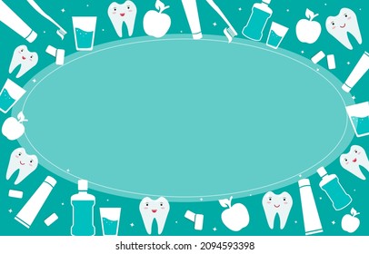 Dental and oral care frame. Pediatric dentistry banner design template. Items for daily hygiene of the oral cavity. Mouthwash and toothbrush with paste, Apple, chewing gum, white healthy teeth. Vector