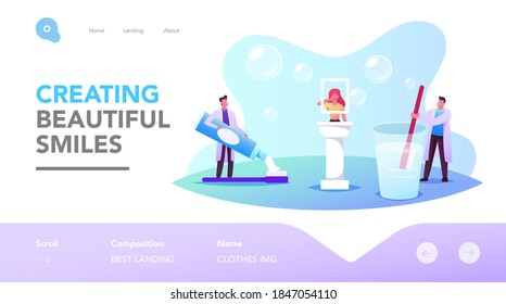 Dental and Oral Health Care Landing Page Template. Tiny Dentists Doctor Characters Holding Huge Brush and Toothpaste Teaching Cleaning Teeth Correctly. Stomatology. Cartoon People Vector Illustration