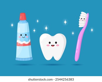 Concepto de higiene dental y oral de personajes lindos felices, cepillo de dientes y pasta de dientes. Diseño abstracto de dibujos animados con productos dentales para la limpieza de los dientes. Ilustración plana de Vector.