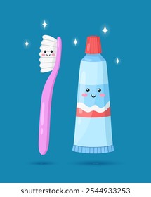 Concepto de higiene dental y oral de personajes lindos felices cepillo de dientes y pasta de dientes. Diseño abstracto de dibujos animados con productos dentales para la limpieza de los dientes. Ilustración vectorial aislada sobre fondo azul