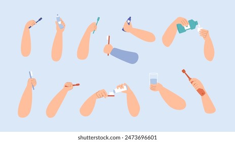 Dental and oral hygiene. Teeth brushes, pasta tubes in human hands. Adults children clean tooth and use rinse aid. Stomatology vector elements