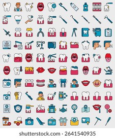 Dental and Oral icon set. Containing Dentist, Tooth paste, Mouth sore, Molar Tooth. Filled Outline Style
