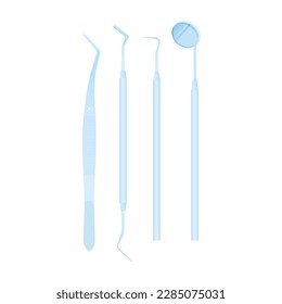 Dental Oral Instruments Set. Dental Tweezers, Spatula, Excavator, Explorer, Mouth Mirror with Handle. Modern Flat Vector Illustration.