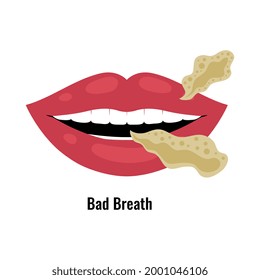 Dental oral problem flat poster with female mouth and bad breath vector illustration