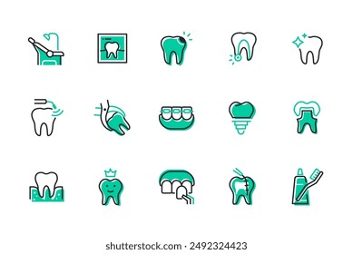 Protección dental y oral - conjunto de iconos de estilo de diseño de línea aislados sobre fondo blanco. Imágenes de alta calidad de rayos X, caries, problema de cavidad, ortesis, pasador y limpieza ultrasónica, pasta y cepillo