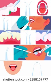 Dental Oral Tools. Illustrations Set. Cropped White Teeth. Mouth Wide Open with Tongue. Cropped Female Face White Teeth Mouth Open. Face Showing Tongue. Modern Flat Vector Illustration. 