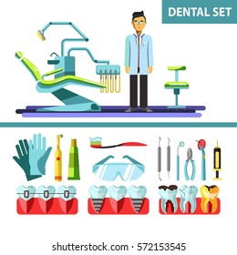 Dental and orthodontic vector icons set dentist, treatment toothache, medicine tools for checkup teeth, toothbrush and gloves, smile. Illustrations isolated on white background. Flat design