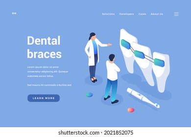 Dental orthodontics braces. Dentist reviews quality of headgears and improvement in bite. Professional therapy prophylaxis with modern materials. Vector home page isometric template