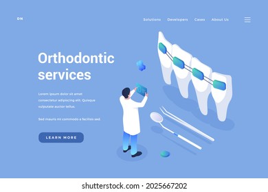 Dental orthodontics service. Dentist reviews quality of braces and improvement in bite. Professional dental therapy prophylaxis with modern materials. Vector landing page isometric template