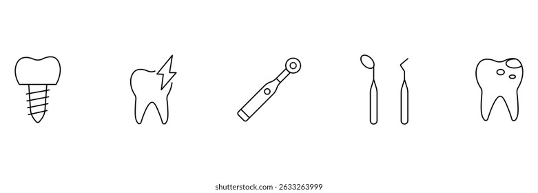 Dental outline icon set. Containing tooth, dentist, toothpaste, toothbrush, teeth, implant and dentistry icons. Tooth, protect, healthy, shiny smile etc. Vector illustration. 