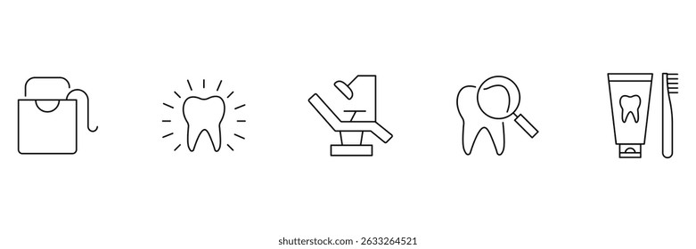 Dental outline icon set. Containing tooth, dentist, toothpaste, toothbrush, teeth, implant and dentistry icons. Tooth, protect, healthy, shiny smile etc. Vector illustration. 