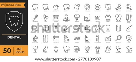 Dental outline icon set. Containing tooth, dentist, dentistry, toothpaste, toothbrush, teeth, implant and more. Editable stroke. Vector illustration.